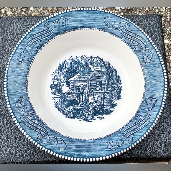 Royal China CURRIER & IVES Blue Scroll MAPLE SUGARING Rimmmed 9” Vegetable Bowl - Picture 11 of 16